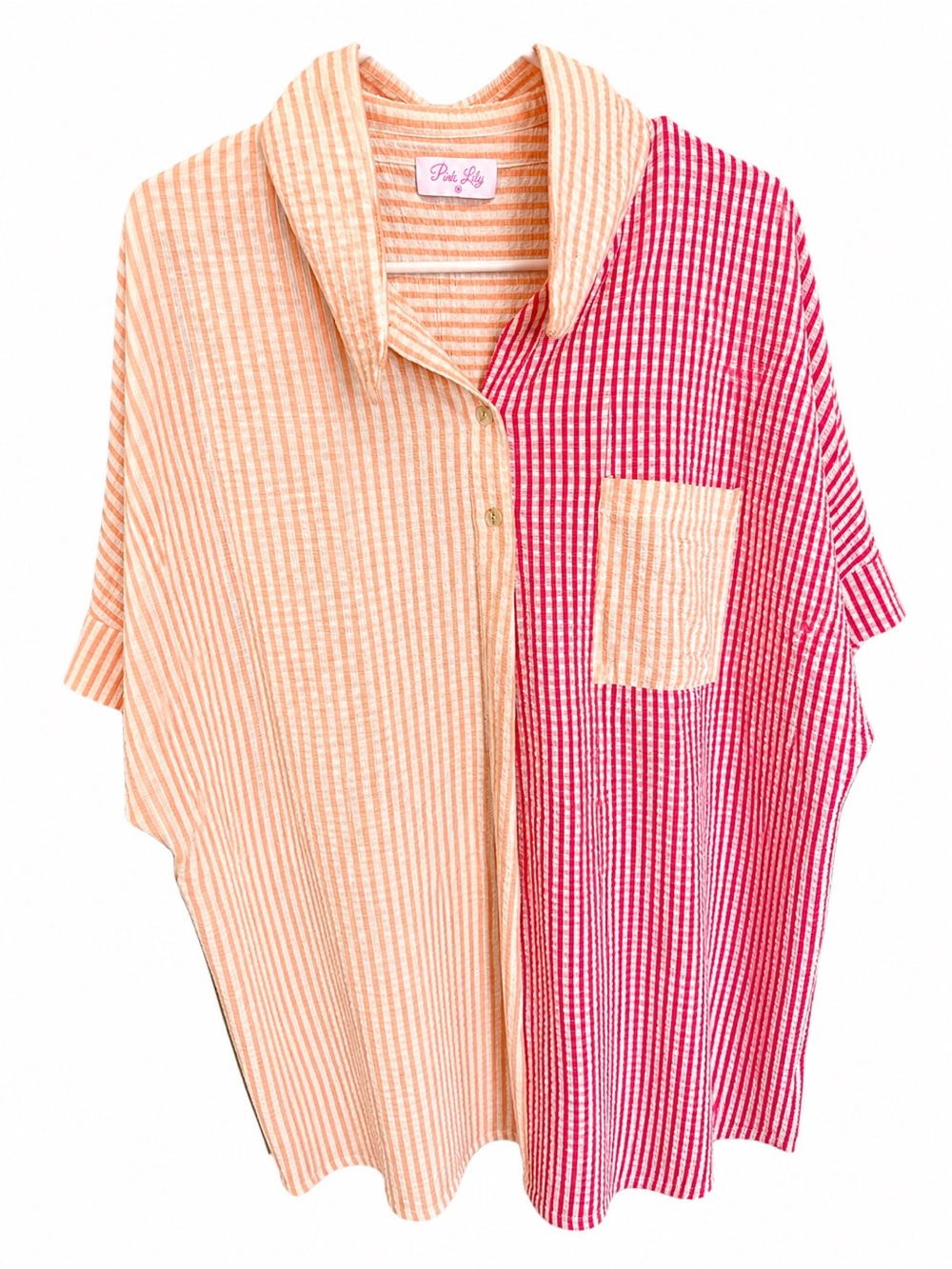 Pink Lily Colorblock Gingham Seersucker Oversized Button-Up Shirt M